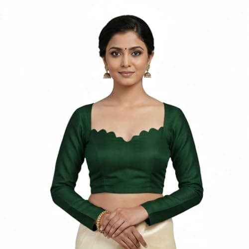 Women’s Elegant Long Sleeve Dupion Saree Blouse with Deep Open Back & Scalloped Neckline Ethnic Crop Top Choli Non Padded Dark Green