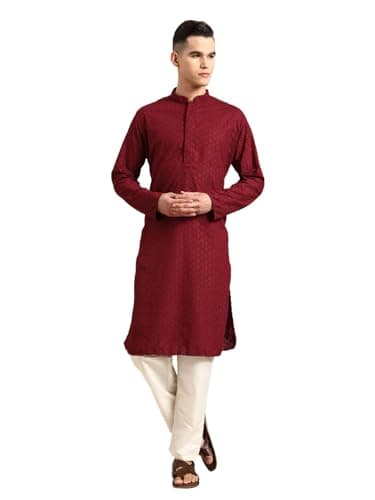 Rajubhai Hargovindas Men Maroon Floral Motifs Chikankari Kurta Pajama Set (CHES-42)