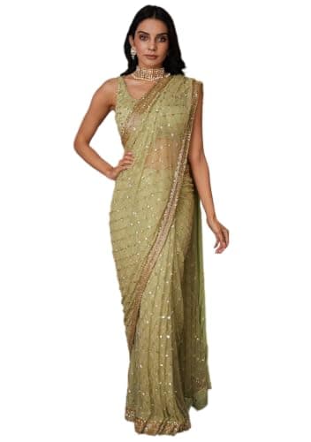 Indya Pista Green Embroidered Soft Net Saree Set | Perfect for Festive & Party Wear