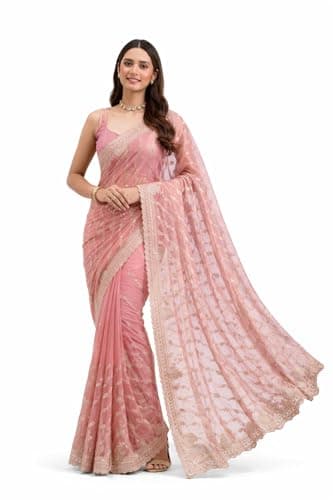Svayi Women’s Net Paisley design Gold Zari Embroidery diagonal patterns work Saree for Wedding Festive Party Style Sari with Blouse Piece (SR1277-LightPink)