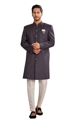 Lady Dwiza Indian Designer Wedding Festive Wear Solid Poly Viscose Blend Indo-Western Sherwani Pajama Set For Men