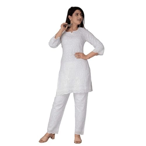 JG JAI GOVINDAM Chikankari Cotton Indian Kurtis For Women Summer Dresses Tunic Top Pant Set Pakistani Salwar Kameez Suit Set (Small) White