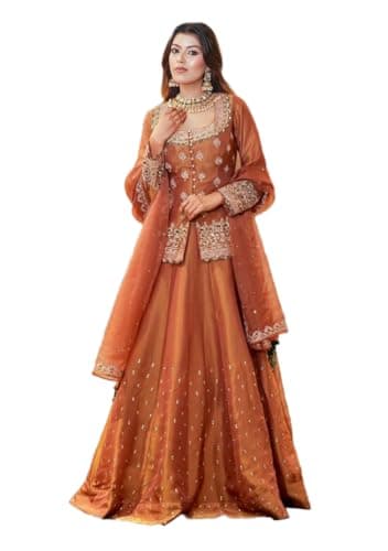 Indya Brown Embroidered Silk Blended Anarkali Set for Wedding | Long Sleeve | Square Neck | Salwar Kameez | Kurta Set