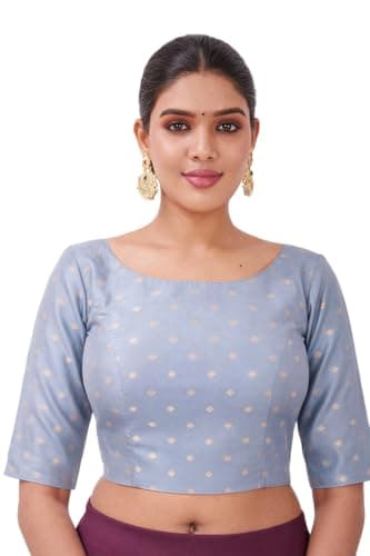 Indian Jacquard Silk Saree Blouse for Women Bollywood Choli Top | Ethnic Crop Top for Wedding, Party, Navratri, Festival Wear, Eid Grey
