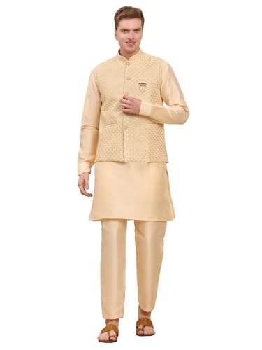 Pro-Ethic Style Developer Mens Indian Traditional Silk Kurta Set With Jacket For Men Floral Design (C-111) Fawn Medium