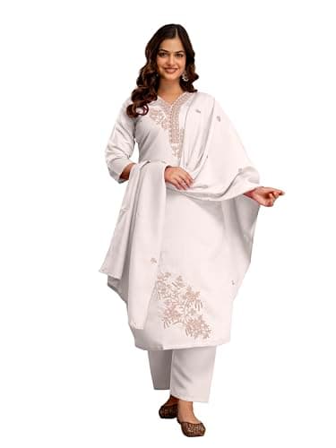 TRENDMALLS Women’s Chanderi Cotton Embroidery Work Kurta Pant with Dupatta Set (G511-White-L)