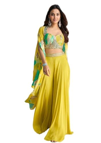 Indya Yellow Embroidered Chinon Sharara Set – Strappy for Festive | Spaghetti Strap | Salwar Kameez | Kurta Set