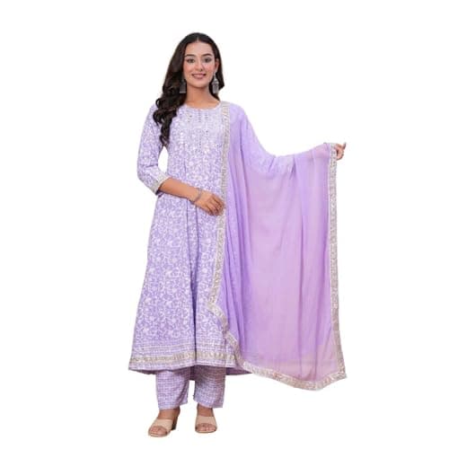 Women’s Cotton Anarkali Kurta Set | Floral Printed Long Kurti with Pant & Dupatta | Ethnic Wear for Festive, Casual & Daily Use (Large, Purple)