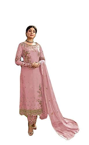 shopNstyle Ready to Wear Indian Pakistani Ethnic Wear Designer Straight Salwar Kameez Churidar Suit for Womens (Pink, L)