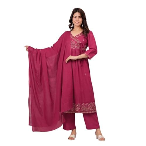 Women’s Pink Embroidered Anarkali Kurta Set with Dupatta, Cotton Ethnic Kurti Pant Set for Women, Indian Traditional Party Casual Wear Outfit (Small)