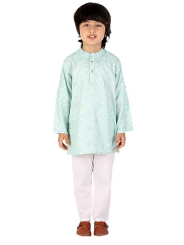 Superminis Baby Boys Silver Foil Printed Cotton Kurta, Round Collar, Full Sleeves With White Pyjama, Kurta Set (Sky Blue, 12-18 Months)
