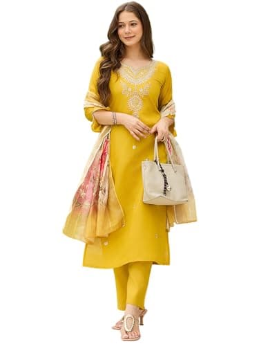 ONPEAK Premium Kurti Set with Pant and Dupatta for Women Occasion and Celebration Wear (US, Alpha, Large, Regular, Regular, Mustard)