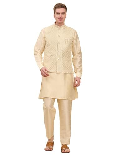 Pro-Ethic Style Developer Mens Indian Traditional Silk Kurta Set With Jacket For Men Floral Design (C-114) Gold X Large