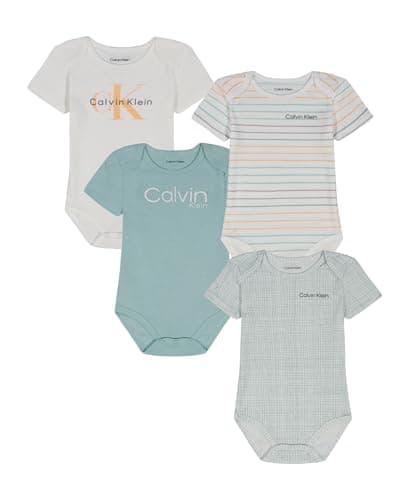 Calvin Klein Baby Boy's 4-Pack Short Sleeve Bodysuit, Vanilla/Sage, 18 Months