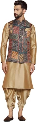KISAH Men's Kurta, Printed Nehru Jacket & Dhoti Set - Traditional Indian Ethnic Wear for Weddings & Festive Occasions, Beige, 40