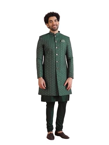 KISAH Men's Sherwani Set with Kurta & Churidar – Textured Silk Blend Jacquard, Regular Fit – Indian Wedding Sherwani for Men | Festive Wear for Diwali, Eid & Celebrations, Bottle Green, 40