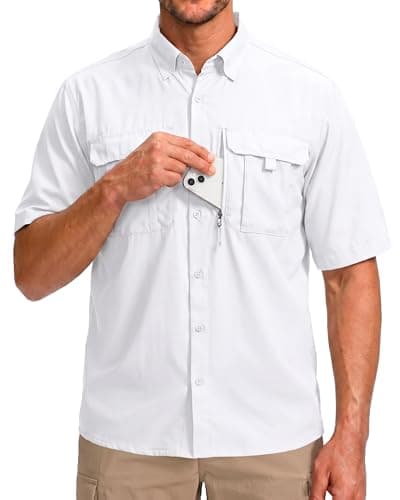 BETBO Men's Short Sleeves Fishing Shirts Button Down Summer Travel Work Shirts with Zipper Pockets(White, X-Large)