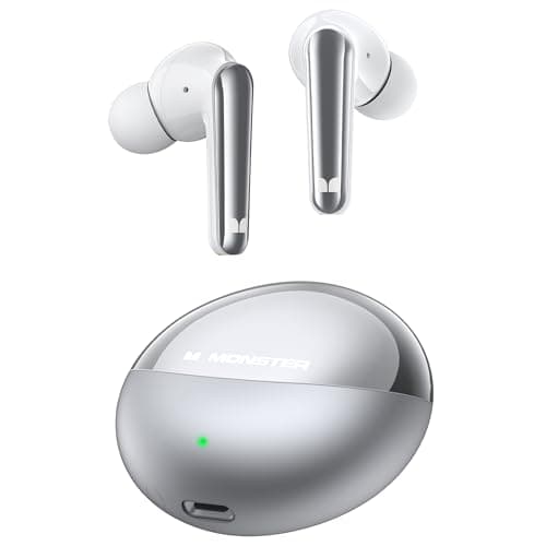Monster N-Lite 203 AirLinks Wireless Earbuds, Bluetooth 5.3 Headphones HiFi Stereo, Wireless Earphones with HD Clear Call, 30H Playback, Touch Control, Type-C Charging, IPX6 Waterproof, Sliver