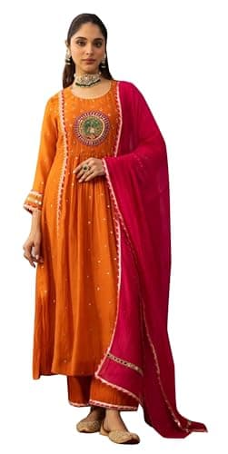 TRAFAART Women's Cotton Kurta Set A-Line Embroidered Kurti Pants with Dupatta-Orange-X-Large
