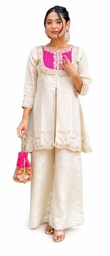 Women's Cotton Silk Embroidery Sequence Work Kurta With Sharara Set (Pink, XL)