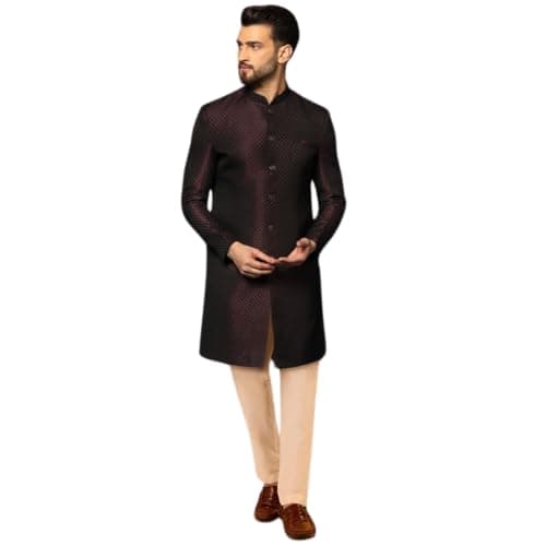 KISAH Men's Indo-Western Sherwani Trouser Set, Purple Cotton, Jacquard Regular Fit Mandarin Collar Long Sleeves (S)