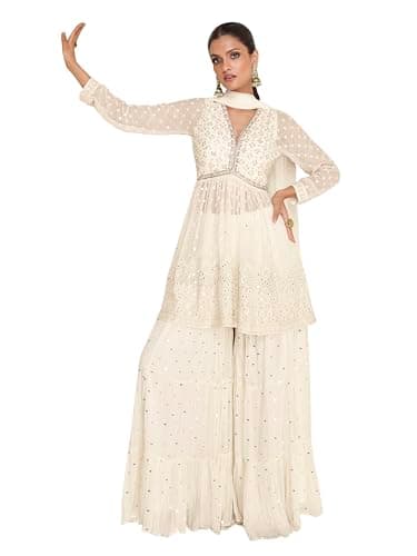TRENDMALLS Women's Georgette Embroidery Sequence Work Kurta Sharara with Dupatta (G341-OffWhite-L)