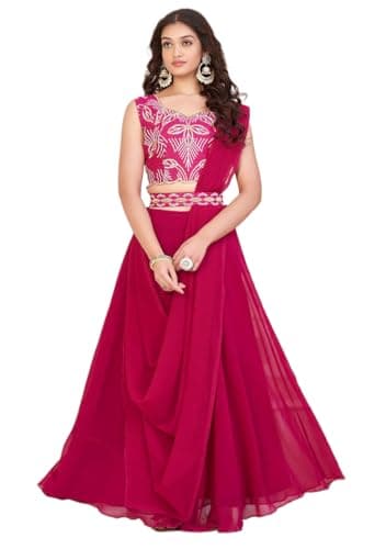 Indya Women's Pink Georgette Embroidered Lehenga Set, Sleeveless with Sweetheart Neck