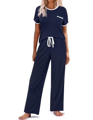 Ekouaer Women Lounge Pajamas Sets Ribbed Knit PJ Short Sleeve and Long Pajama Pant Soft 2 Piece Sleepwear Loungwear Set Navy Blue
