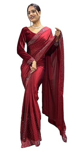 STELLACOUTURE Indian Silk One Minute ready to wear diamond work saree for Women with velvet blouse ST-048 (Red)