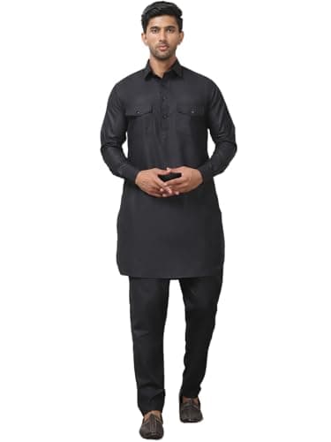 Punjabi Kurta Pajama Set Pathani Solid Color Indian Wear for Men (Black, 3XL)
