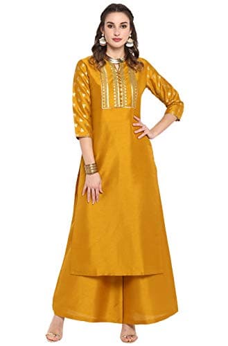 Janasya Indian Women's Mustard Poly Silk Kurta With Palazzo(J0003-SET-XS)