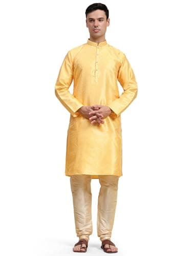 SKAVIJ Men's Jacquard Silk Embroidered Kurta Pyjama Set Ethnic Motifs Thread Work Festive Party Dress (KP130gold_Gold_M)