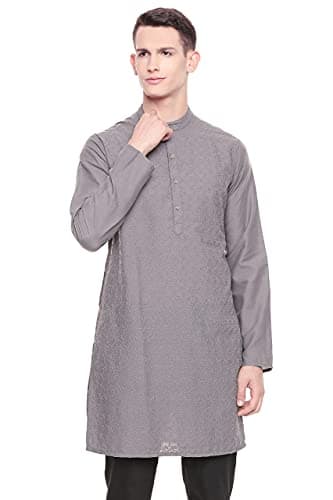 In-Sattva Men's Indian Mandarin Collar Handcrafted Fine Embroidered Kurta Tunic; Grey; LG