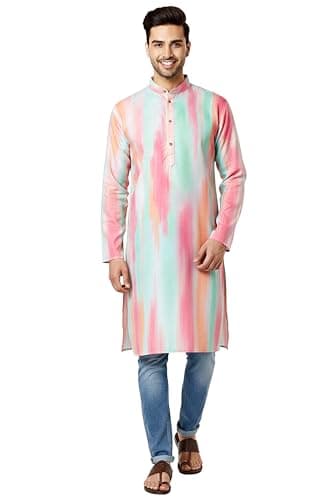 Chandrakala Slim Fit Printed Kurta for Men Cotton Long Sleeve Stylish Casual Shirt for Daily Wear, Pink Blue,X-Large (MK114PIN4)