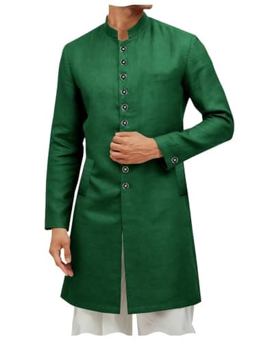 ONAXTDA Men's Casual Long Attire Ethnic Festive Party Stand Collar Cotton Linen Lightweight Kurta Sherwani Coats Kaftan Dark Green L