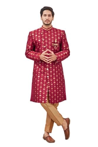 Shreyanvi Indian Designer Wedding Festive Wear Jacquard Fabric Indo-Western Sherwani Pajama Set For Men