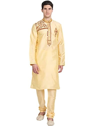 SKAVIJ Men's Art Silk Woven Design Kurta Pajama Set Embroidered Ethnic Party Dress (KP074beige_Beige_M)