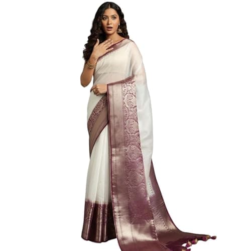 Indiehaat Lustrous Banarasi Silk Linen White Handloom Saree