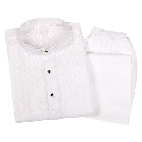 Superminis Baby Boys Ethnic Wear Colored Cotton Chikankari Kurta, Round Collar, Full Sleeves With White Pyjama, Kurta Set (White, 6-12 Months)