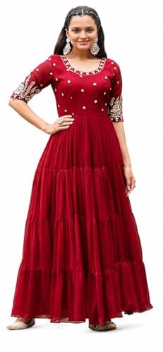 Women's Georgette Embroidered Flared Anarkali Gown – Traditional Indian Ethnic Wear (US, Alpha, Large, Regular, Regular, Red)