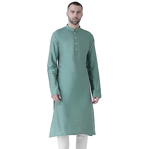 KISAH Mens Kurta – Solid Dyed Cotton Blend Tunic with Mandarin Collar, Regular Fit – Indian Wedding Outfit for Men, Green, 40