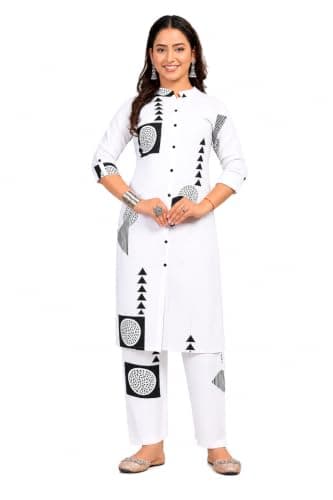 KANESKA Women's Kurti with Pant Set, Geometric Print, Button Front, 3/4 Sleeves, Casual Ethnic Wear (US, Alpha, X-Large, Regular, Regular, WHITE)