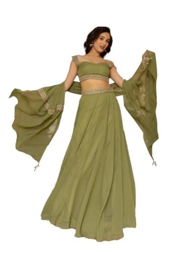 Indya Olive Green Solid Georgette Lehenga Set | Perfect for Festive Wear | Sleeveless | Scoop Neck