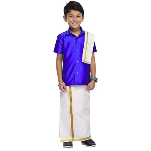 Chandrakala Boys Silk Blend Shirt with Kasavu Mundu, Dupatta & Dhoti Set | Kids Indian Traditional Party Wear | Bollywood Style Wedding Dress for Boys,3-4 Years Royal Blue-M (KB101ROY4)