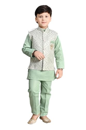 BT DEZINES Boys Ethnic Kurta Set with Sequinned Waistcoat | For 3-4Y Old Boys GREEN Cotton Blend Kurta, Trousers & Waistcoat | Festive Wear | Mandarin Collar | Traditional Indian Outfit