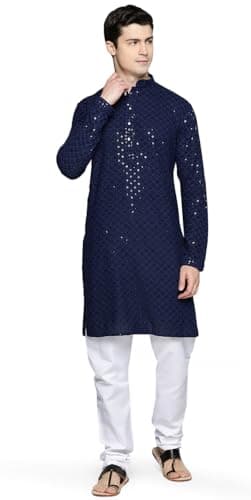 Maple Clothing Men's Cotton Sequined Traditional Festival Kurta Pajama India Apparel (Navy Blue, M)