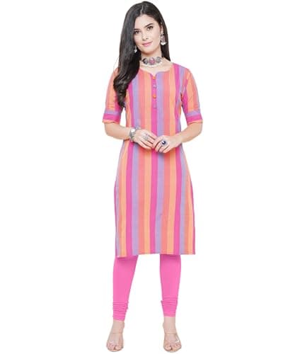 ANUSHIL Women Cotton Multicolor Striped Elbow Sleeves Sweetheart Neck Style with Buttons Ethnic Kurta (Pink, Large)