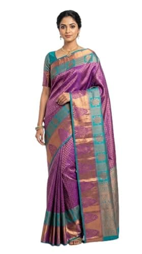 KAMLA CREATION Women's Kanjivaram Soft Silk Saree With Unstitched Blouse Piece 5.5 Metres (Purple & teal green)