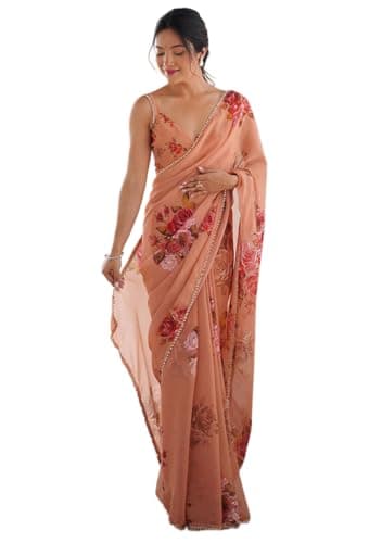 Indya Peach Embroidery Silk Blend Saree Set | Perfect for Festive & Party Wear