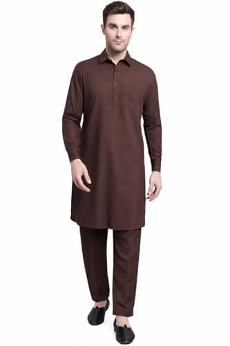Maple Clothing Punjabi Kurta Set Pathani Cotton Indian Dress for Men (Coffee, XXL)